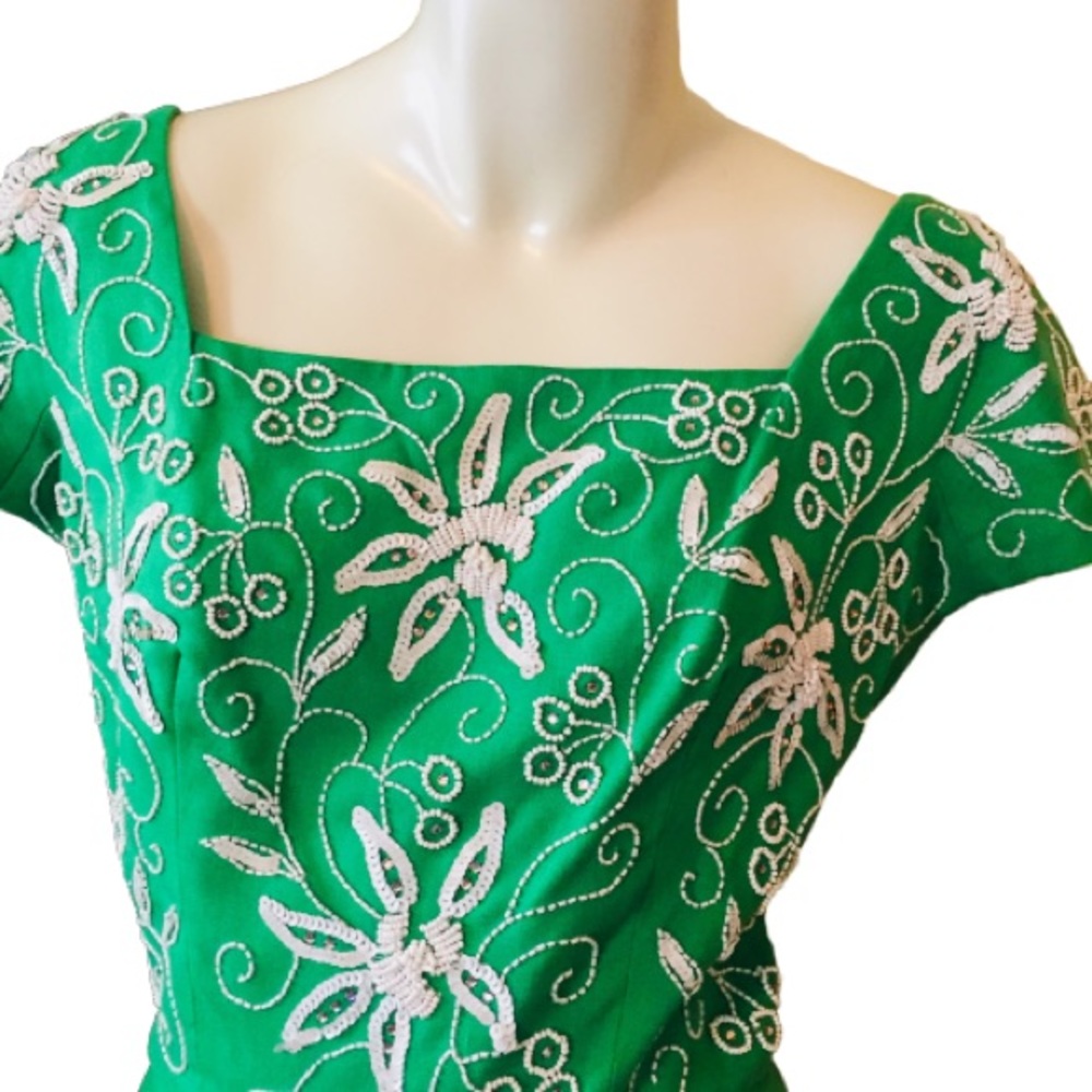 Vintage Green Dress with White Floral Embroidery